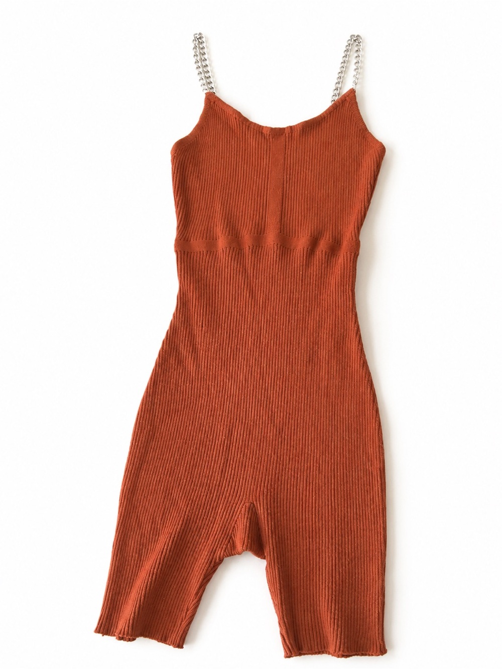Rust Ribbed Knit One-Piece Romper with Chain Straps